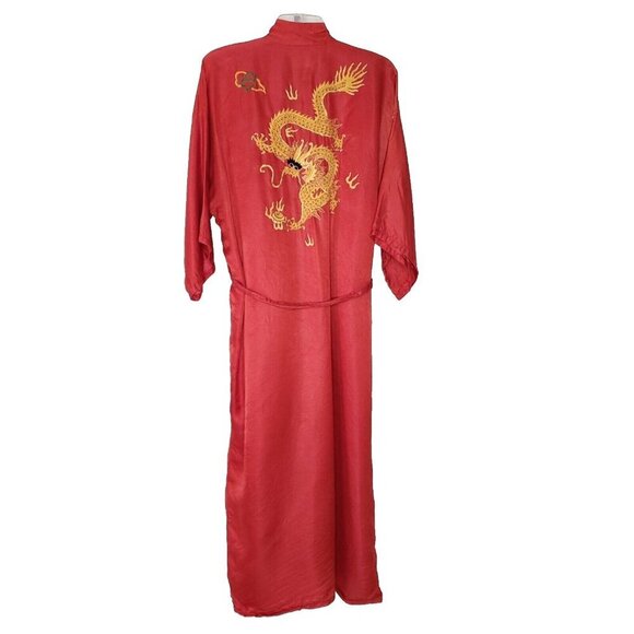 Golden Dragon Silk Kimono Robe M/L Embroidered Dragon Red Yellow Asian Oriental - Picture 1 of 11